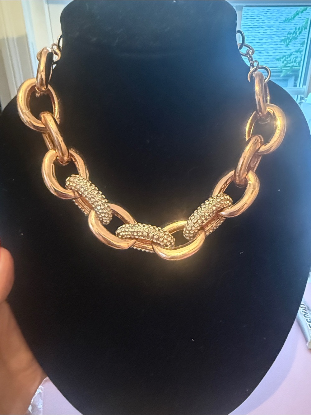 Chunky Rose Gold Link Necklace with Pavé Crystal Accents